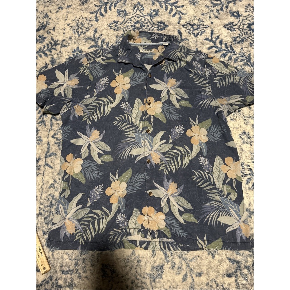 Tommy Bahama Mens XXL Silk Button Down Shirt Blue Tropical Palm Vacation